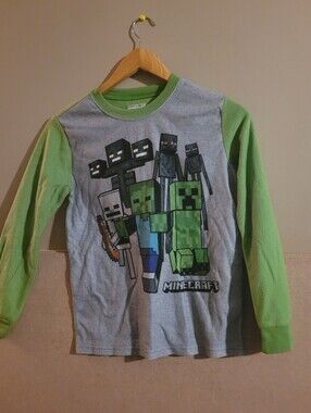Boys' Long Sleeve Graphic Pj Top- Gray & Green Minecraft 10|12